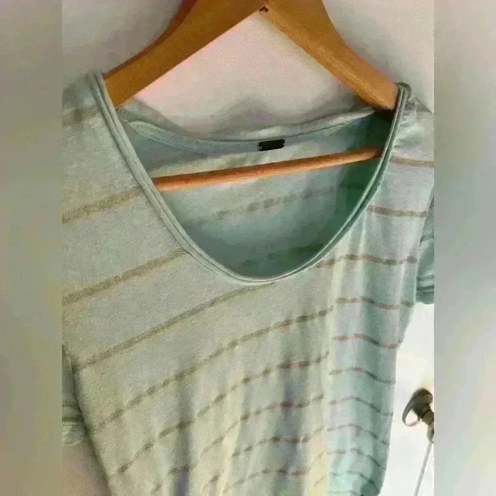Poof women’s teal striped gold top lightweight cotton shirt fitted size Large - Picture 3 of 10